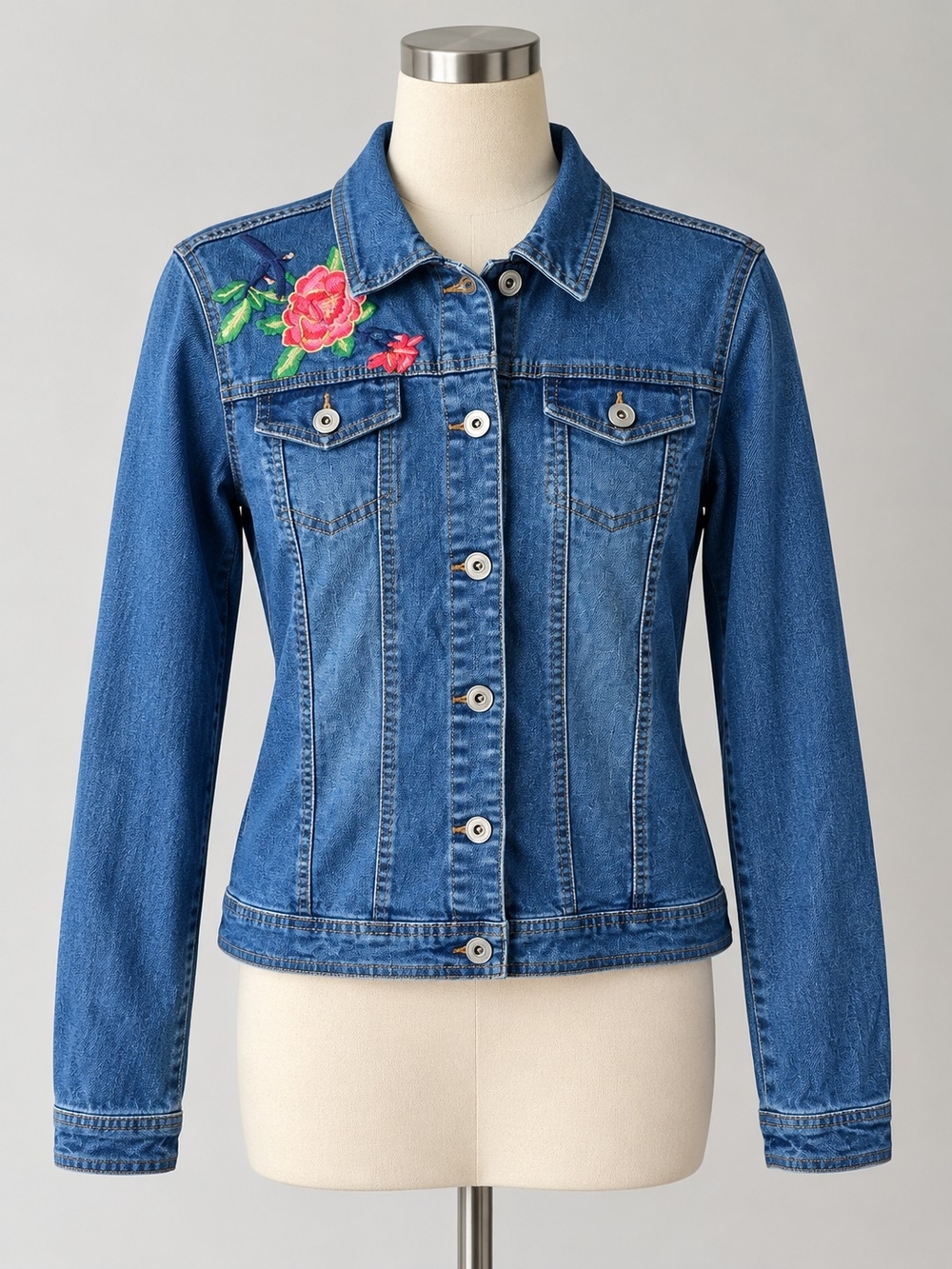 Baccini Blue Denim Jacket with Pink Floral Embroidery